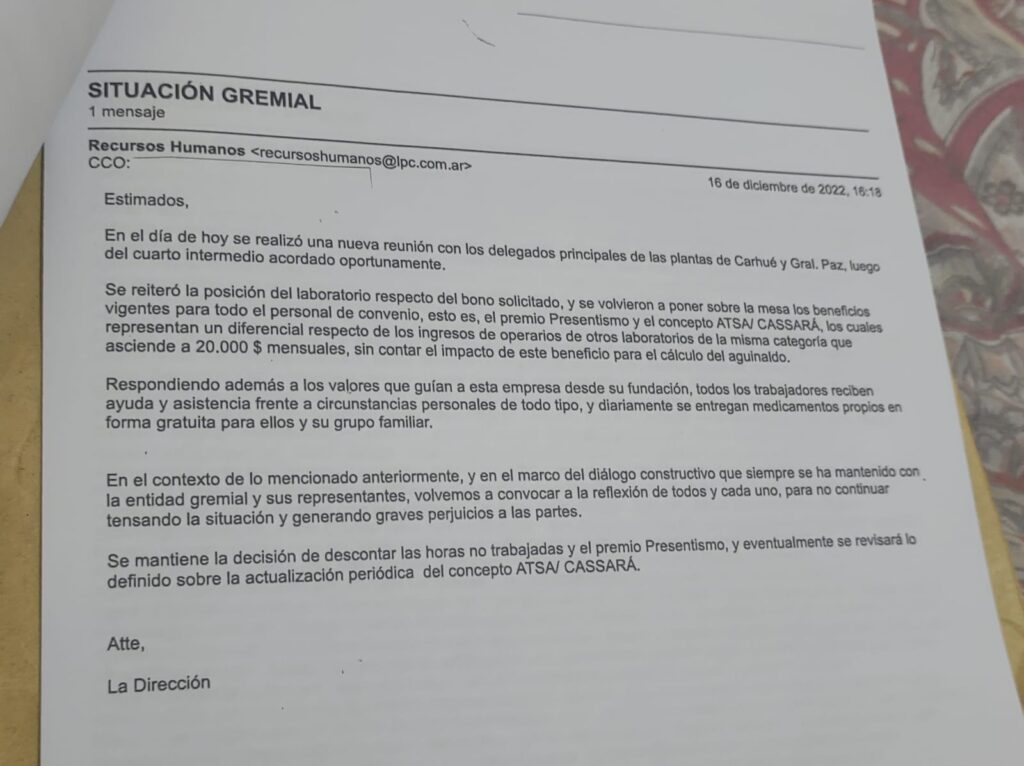 #AHORA CRECEN LOS RECLAMOS GREMIALES EN LABORATORIOS PABLO CASSARA S.A 1 e552c3e6 da39 4972 9895 02875afc98d0