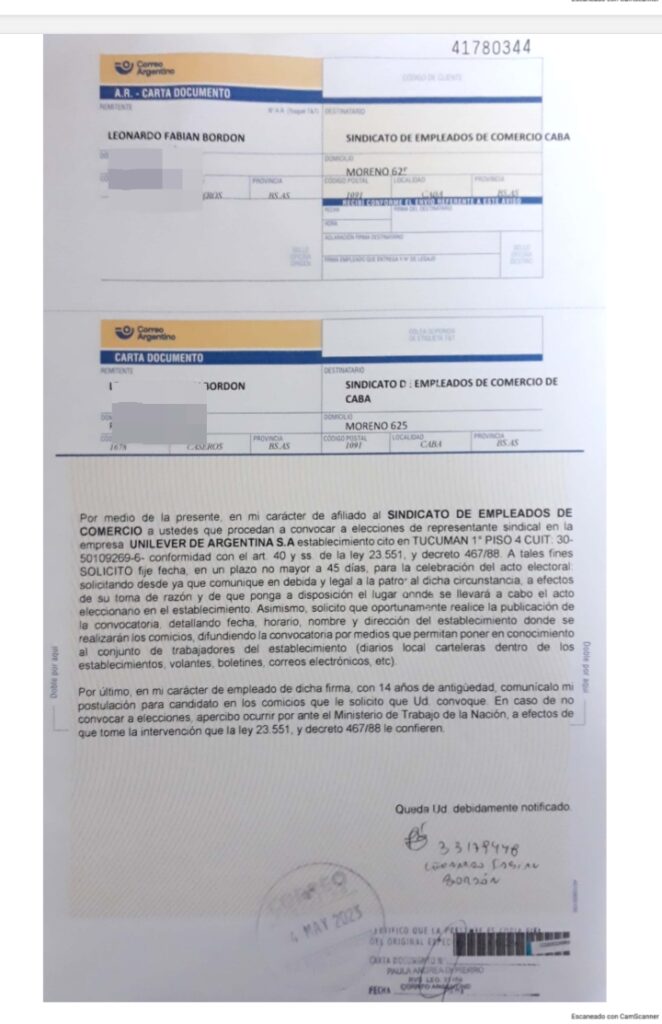 DESPIDEN A DOS TRABAJADORES DE UNILEVER LUEGO DE QUE PIDIERAN ELECCIONES GREMIALES AL SINDICATO DE EMPLEADOS DE COMERCIO DE CABA 2 WhatsApp Image 2023 06 06 at 11.45.20
