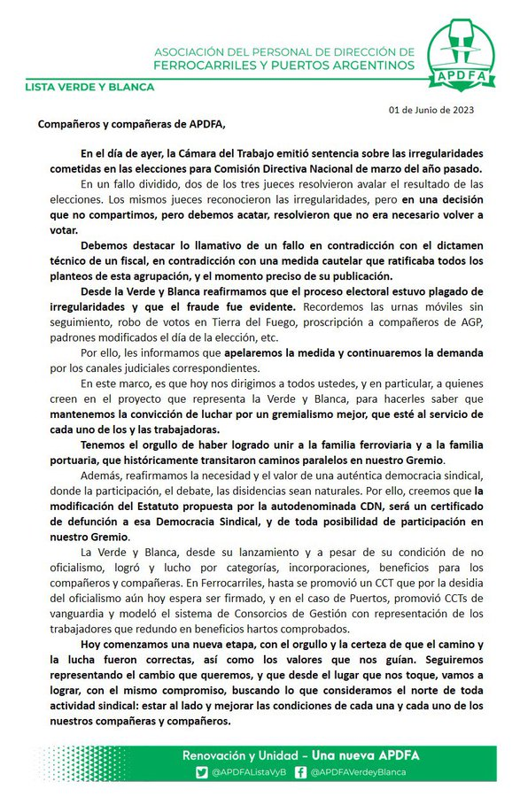 APDFA | La oposición apelará el fallo que ratificó las elecciones en el gremio: «el fraude fue evidente» 2 image 2